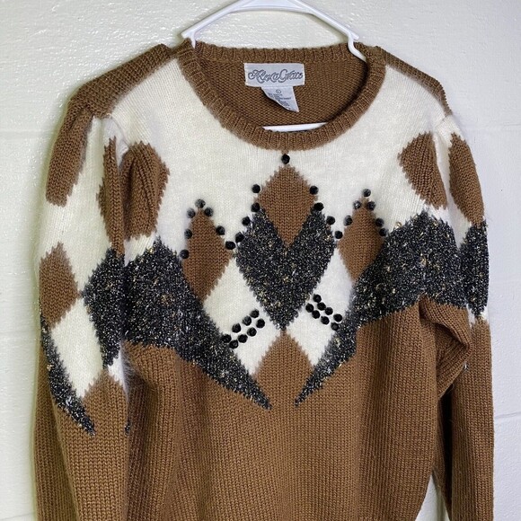 Vtg 90s Sweater Alexa Grace Womens Large Wool Blend Metallic Grandma Core Brown - Picture 2 of 8